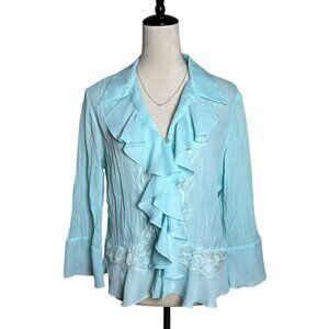Dressbarn‎ Blue Chiffon Ruffle Lace Sheer Crinkle Blouse M | Y2K Spring Feminine